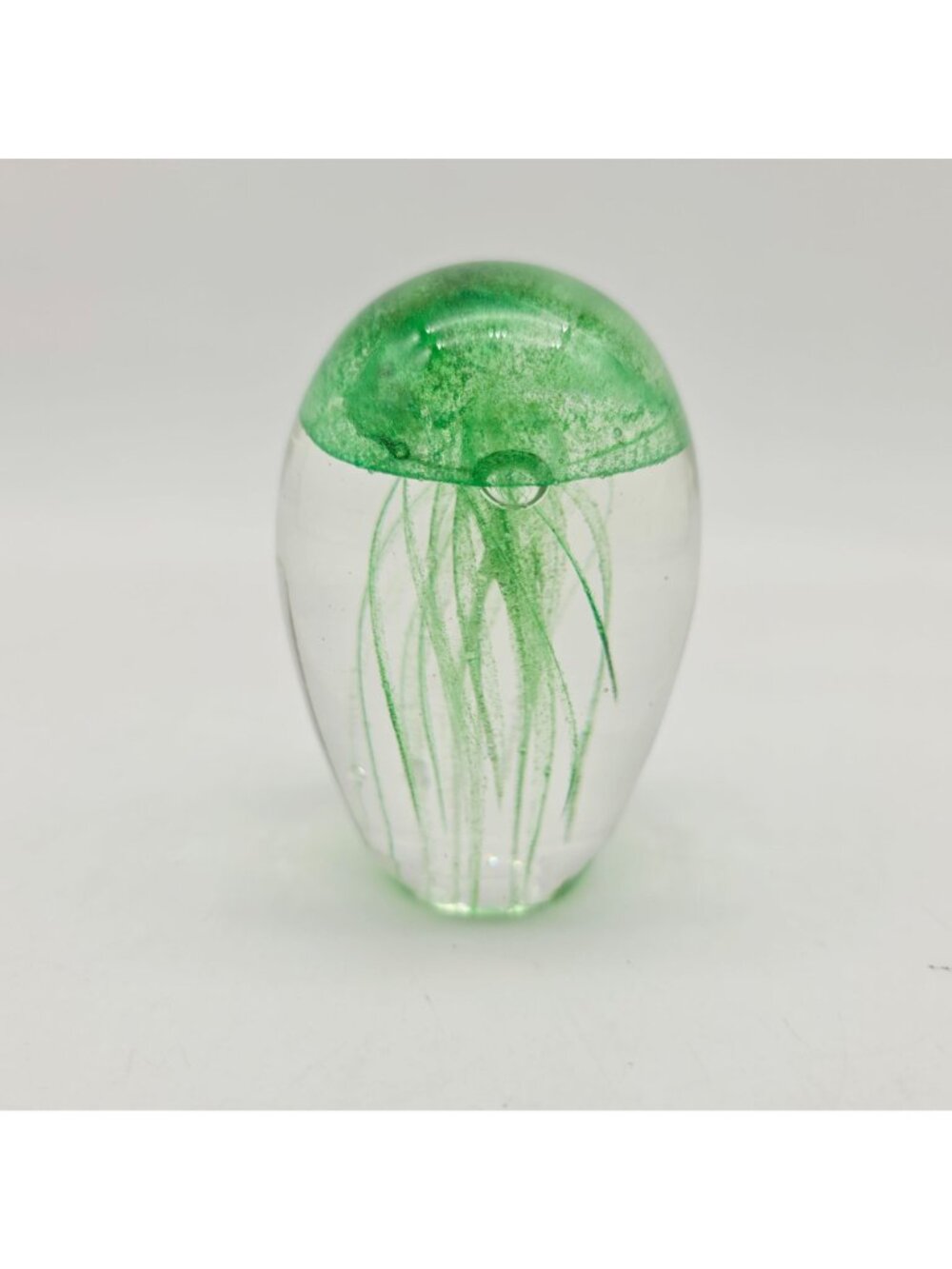 Hand-Blown Glass Jellyfish Paperweight Figurine UV Reactive Green Oval Design - Picture 2 of 9